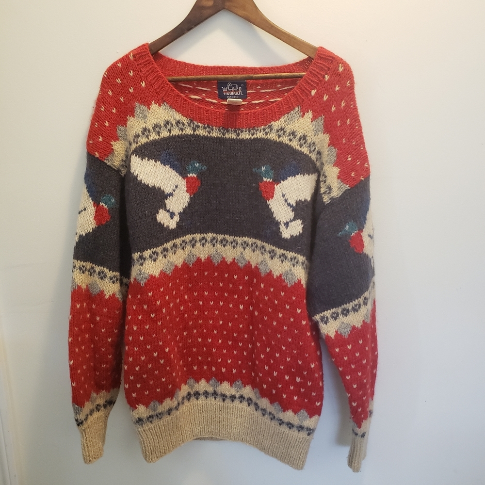 Woolrich Red Cream Gray Fair Isle Crewneck Sweater with Bird Motif